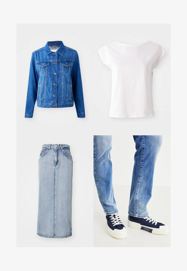 Blaue Jeansjacke mit Kragen, vorderem Knopfverschluss, zwei Brusttaschen und Seitentaschen. Verfügt über Kontrastnähte und eine leicht taillierte Passform.; Weißes T-Shirt mit kurzen Ärmeln aus Baumwolle, mit Rundhalsausschnitt und lockerem Schnitt. Mit dezentem Logo-Akzent auf der Brust.; Hellblauem Denim-Midirock mit tailliertem Bund, vorderer Naht und Seitentaschen; weist eine leicht ausgewaschene Textur auf.; Marineblaue Leinenschuhe mit weißen Gummisohlen und -schnürsenkeln. Auffällige weiße Streifen an der Sohle und ein gemustertes Detail an der Ferse.