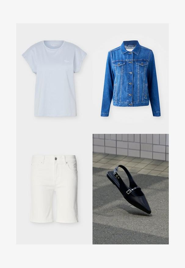 Blauwe denimjack met een kraag, sluiting met knopen aan de voorkant, twee borstzakken en zijzakken. Bevat contrasterende stiksels en heeft een iets getailleerde vorm.; Lichtblauw T-shirt met korte mouwen en ronde hals met klein wit logo op de linkerborst, weergegeven tegen een witte achtergrond.; Witte denim shorts tot op de knie met voorste knoop, rits en ontwerp met vijf zakken, weergegeven op een neutrale achtergrond.; Zwarte platte slingback met spits toelopende neus en dubbele gespsluitingen, rustend op grijs asfalt bij een achtergrond van betegelde muur.