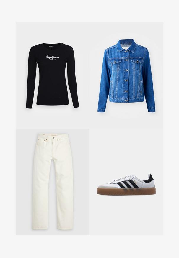 Blauwe denimjack met een kraag, sluiting met knopen aan de voorkant, twee borstzakken en zijzakken. Bevat contrasterende stiksels en heeft een iets getailleerde vorm.; Zwarte langwerpige T-shirt van katoen, met een ronde halslijn en een wit "Pepe Jeans LONDON" logo in het midden.; Witte denim spijkerbroek met rechte pijpen, knoop- en ritssluiting, voor- en achterzakken en koperen klinknagelaccenten.; Witte leren sneakers met zwarte strepen, gumrubberen buitenzool, ronde neus, vetersluiting en een zachte grijze suède neuskap.