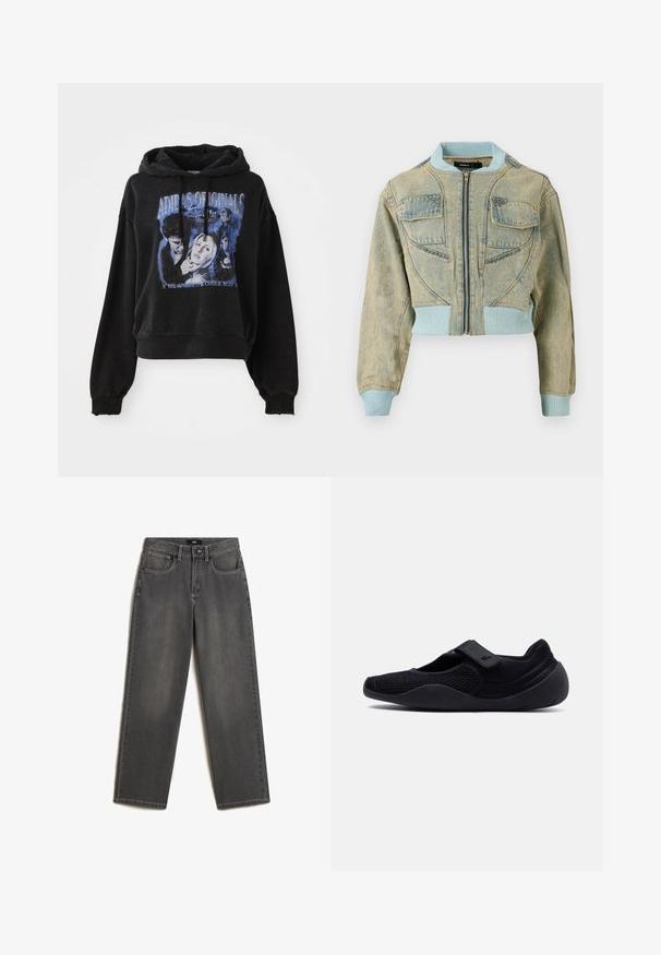 Gekürzte Jeansjacke in Hellblau mit Reißverschluss, gerippten Bündchen und zwei vorderen Taschen mit strukturierten Akzenten.; Schwarzer kurzer Hoodie aus Baumwolle mit Kapuze und Kordelzug. Mit einem grafischen Druck in Blau, der Figuren und Text darstellt.; Graue weit geschnittene Jeans aus Denim. Verfügt über fünf Taschen, einen Frontknopf und einen Reißverschluss sowie über subtile Verwaschungen im Stoff.; Schwarzer Schlupfschuh mit Mesh-Obermaterial, breiter Gummisohle und verstellbarem Klettverschluss über dem Spann, gestaltet für den Freizeitgebrauch.