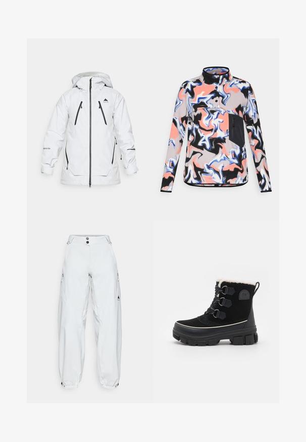 Hvid vejrbestandig jakke med hætte, der har to frontlommer med lynlås og sorte lynlåse. Fremstillet af GORE-TEX materiale.; Fleecepullover i marmorering med pink, sort og blå mønstre. Har en halv lynlås, opretstående krave og en sort lynlås lomme på fronten.; Hvide, løstsiddende skibukser lavet af vandtæt materiale, med to lynlåslommer på siderne, knaplukning og elastiske manchetter.; Sorte vandtætte støvler med overdel af ruskind, for af kunstpels, tre øjer snøresystem, tyk gummisål og kontrasterende hvid trim.