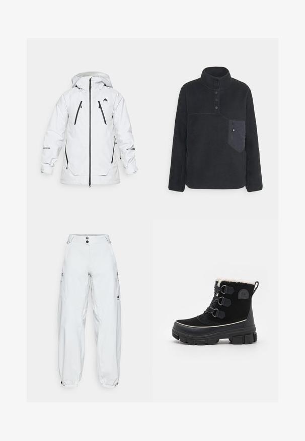 Hvid vejrbestandig jakke med hætte, der har to frontlommer med lynlås og sorte lynlåse. Fremstillet af GORE-TEX materiale.; Sort fleece pullover med høj krave, fire-knaps placket og lynlåslomme på venstre bryst. Har kontrasterende syninger og en blød tekstur.; Hvide, løstsiddende skibukser lavet af vandtæt materiale, med to lynlåslommer på siderne, knaplukning og elastiske manchetter.; Sorte vandtætte støvler med overdel af ruskind, for af kunstpels, tre øjer snøresystem, tyk gummisål og kontrasterende hvid trim.