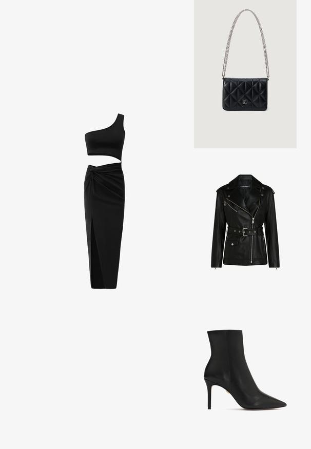 Zwarte leren motorjacket met een riem in de taille, zilveren ritsen en drukknoopsluiting, voorzien van een asymmetrische rits en gewatteerde voering.; Zwart twee-delig outfit met een één-schouder crop top en hoge taille rok met een gedraaide detail en een zijsplit. Glad materiaal.; Zwarte leren enkelboot met een puntige neus, hoge stilettohak en een gladde textuur. Naaddetails lopen langs de achterkant.; Zwarte doorgestikte leren handtas met een zilveren kettingriem en een vierkante logoaccent op de voorkant. Rechthoekige vorm met een gestructureerde afwerking.