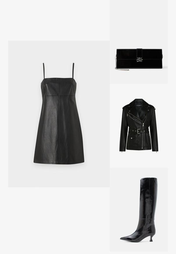 Veste de moto en cuir noir avec une taille ceinturée, fermetures éclair argentées et boutons pression, comportant une fermeture éclair asymétrique et un doublage matelassé.; Robe en cuir noire avec bretelles fines, corsage ajusté et forme évasée. Comprend des coutures verticales pour la structure et une texture lisse.; Bottes en cuir noir, montantes jusqu'au genou, avec une finition brillante, un bout pointu et un petit talon carré. Texture lisse, détails de couture minimalistes.; Pochette rectangulaire noire brillante avec bretelle chaîne argentée et fermoir aux initiales argentées entrelacées sur le rabat avant.