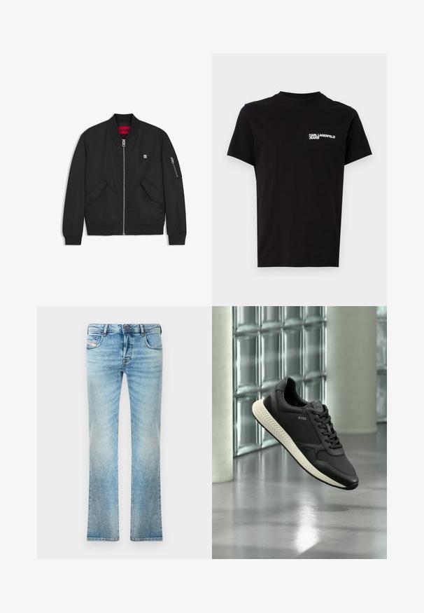 Schwarze Bomberjacke mit Reißverschluss, gerippten Bündchen und großen Seitentaschen. Mit kleinem Logo auf der Brust und einem kontrastierenden roten Innenfutter.; Schwarzes T-Shirt aus Baumwolle mit Rundhalsausschnitt und kurzen Ärmeln. Auffälliger weißer Logo-Text auf der linken Brustseite. Einfaches Design.; Helleblaue Denim-Jeans mit geradem Schnitt, Fünf-Taschen-Design und leichter Ausbleichung. Mit metallischem Knopf und Reißverschlussverschluss.; Schwarzer BOSS-Sneaker mit weißer Sohle, der über glänzendem Betonboden, einer Glasbausteinwand und einer großen weißen Säule im Hintergrund schwebt.
