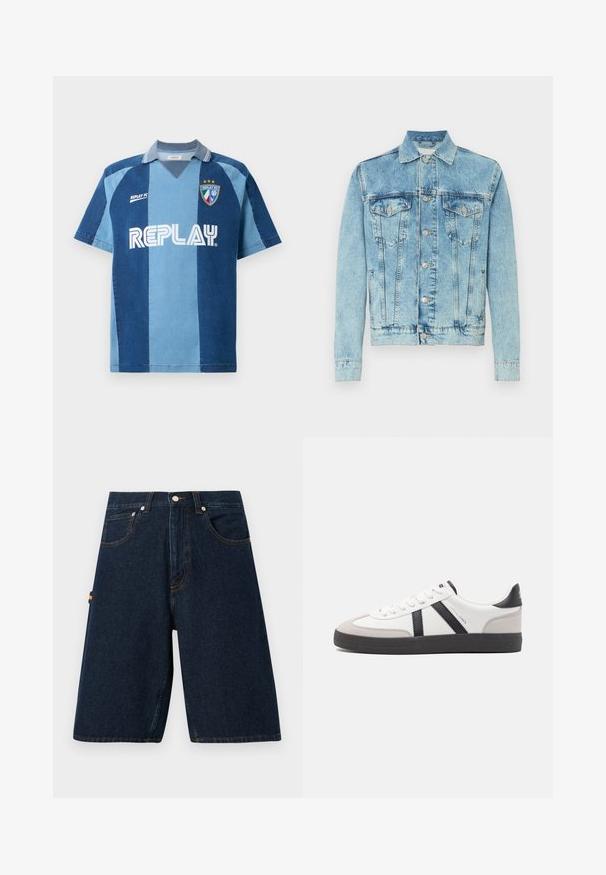 Heledsinine teksajakk nööpidega esiosas, rinnaflapi taskud, küljetaskud ja klassikaline krae, esitatud valgel taustal.; Denim-stiilis trikotaaž lühikeste varrukatega, tumeda ja helesinise riba kujundusega, V-kaelusega ja silmatorkava "REPLAY" logoga.; Tumedat denimpüksid laia lõikega, viie tasku disainiga ja kontrastsete oranžide tikanditega. Omab klassikalist nööbi ja tõmbluku sulgemist.; Valged tossud mustade ja hallide aktsentidega, tekstureeritud halli varbakattega, musta kummitald ja lamedad valged paelad. Puhtad jooned, minimalistlik stiil.