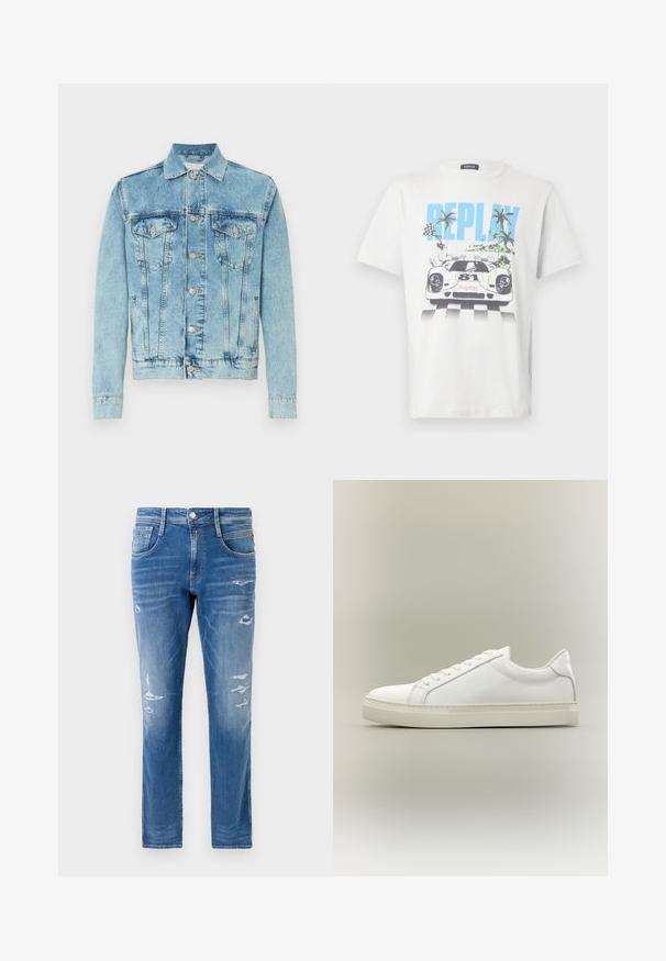Helle Jeansjacke in Blau mit Knopfleiste, Brustklapptaschen, Seitentaschen und klassischem Kragen, auf weißem Hintergrund präsentiert.; Weißes Baumwoll-T-Shirt mit einem bunten Motiv eines Rennwagens, Palmen und Schachbrett-Flaggen, mit dem Schriftzug "REPLAY" gut sichtbar.; Denim-Jeans in einer hellblauen Wäsche mit regulärer Passform. Mit abgenutzten Details und subtilen Auswaschungen in der Nähe der Taschen und Knie.; Weißer Sneaker mit niedrigem Schaft, vorn mit Schnürung und dicker Sohle, aus der Seitenansicht vor neutralem Hintergrund.
