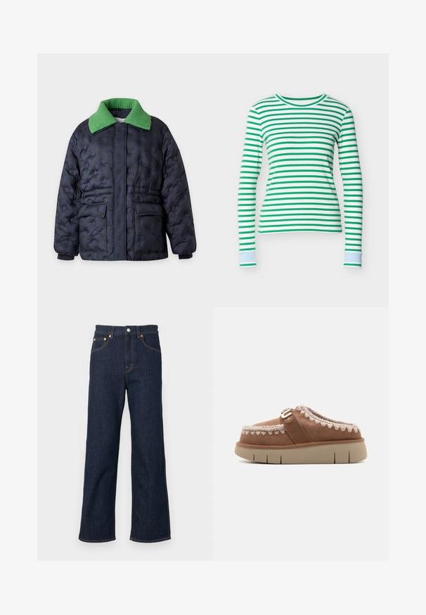 Marineblauwe doorgestikte jas met subtiel polkadotpatroon, grote voorzakken en een contrasterende felgroene gestructureerde kraag.; Groen-wit gestreept shirt met lange mouwen, een ronde halslijn en lichtblauwe manchetten, gemaakt van een zachte, rekbare stof.; Donkerblauwe rechte denim jeans met voorste knoop, ritssluiting en ontwerp met vijf zakken.; Bruine leren instapper met een beige rubberen zool, contrasterend gevlochten detail op de bovenkant en een decoratieve gesp-accent.