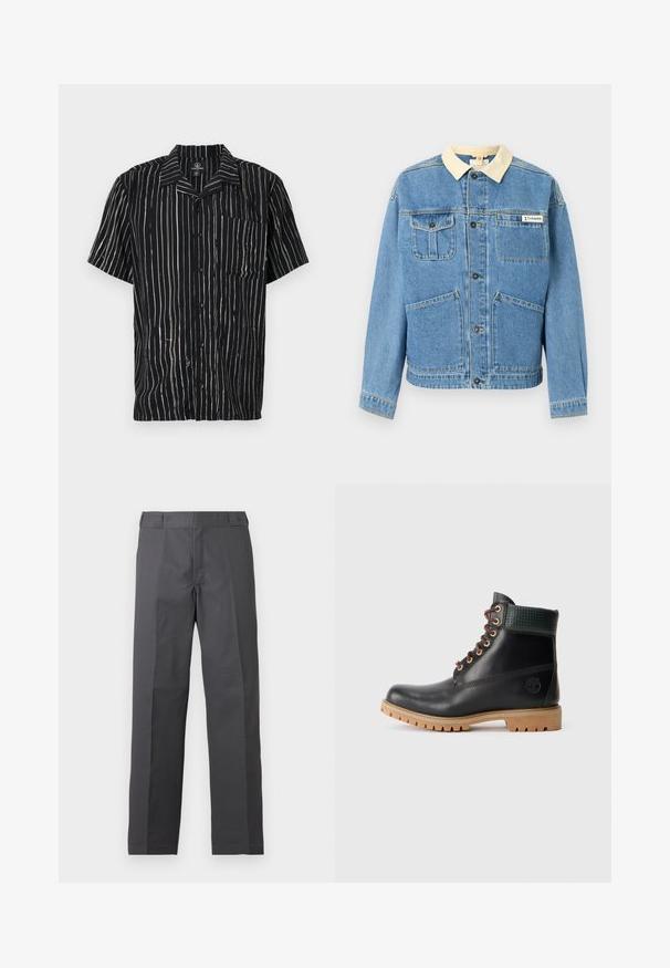 Veste en denim bleu clair avec col beige, boutons noirs, quatre poches frontales et un logo Columbia sur la poche poitrine supérieure droite.; Chemise à manches courtes en tissu noir avec des rayures blanches verticales, une poche sur la poitrine gauche et un col avec une coupe décontractée.; Pantalon gris foncé à jambes droites avec un devant plat et sans poches visibles, présenté sur un fond blanc uni.; Botte de cheville noire en cuir avec des lacets marron, col rembourré vert et semelle en caoutchouc beige avec des rainures profondes, vue de côté sur fond blanc.