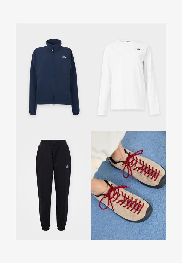 Mørkeblå fleecejakke med høj krave, lynlås foran og logo på øverste venstre bryst. Har lange ærmer og blød tekstur.; Hvid langærmet T-shirt med rund hals og lille sort The North Face-logo på venstre bryst.; Sorte joggingbukser med elastisk talje og manchetter, snoretræk, sidelommer og lille hvid The North Face-logo på højre lår.; Beige sko med røde snørebånd, placeret på en blå tekstureret overflade, delvist synliggørende en persons ankel. Skoene har et sporty design.