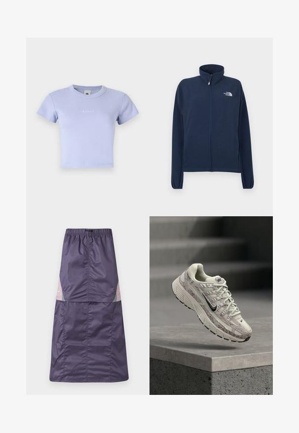 Veste en polaire marine avec un col montant, une fermeture éclair à l'avant et un logo sur la poitrine en haut à gauche. Caractérisée par des manches longues et une texture douce.; T-shirt court en coton ribcé de couleur violet clair avec des manches courtes et un col rond. Présente un logo brodé subtil sur le devant.; Jupe violette en nylon avec une taille élastique, présentant des panneaux color-block en rose et vert, et un petit logo blanc sur la partie supérieure.; Chaussure de course Nike beige et marron avec motif peau de serpent, swoosh noir et semelle épaisse, suspendue au-dessus d'une surface en béton avec des marches en arrière-plan.