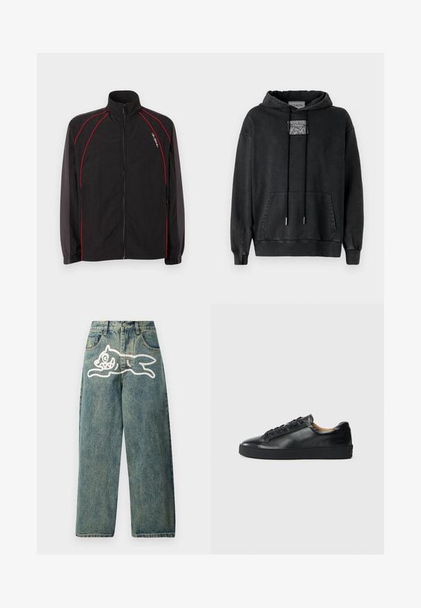 Chaqueta deportiva negra con cremallera y cuello alto, detalles de ribetes rojos en el frente y las mangas, puños elásticos y pequeño logo en script blanco en el pecho izquierdo.; Iceberg Jersey con capucha - nero; Jeans de mezclilla de color azul claro con un ajuste holgado, que presentan un gran gráfico de un gato blanco en la pierna izquierda y un diseño tradicional de cinco bolsillos.; Zapatilla negra de cuero con una textura suave, puntera redonda y cierre de cordones. Presenta una suela de goma gruesa y un detalle de marca mínimo.