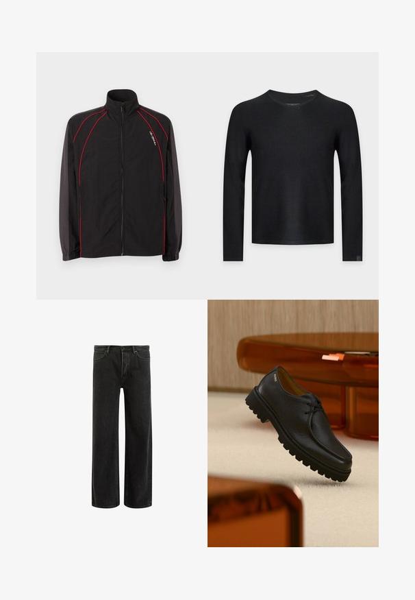Zwart zip-up trainingsjack met hoge kraag, rode biesdetails aan de voorkant en mouwen, elastische boorden en een klein wit scriptlogo op de linkerkant van de borst.; Zwarte trui met lange mouwen en een ronde hals met een fijne breistructuur, afgebeeld op een effen lichtgrijze achtergrond.; Zwarte denims met wijde benen en een hoge taille, met een klassiek vijf zakken ontwerp en subtiele vervaging voor een textuur uitstraling.; Zwart gestructureerd leren veterschoen met dikke geribbelde zool, voorzien van het merk "HUGO" vlak bij de hiel, weergegeven tegen een beige tapijt en amberkleurig meubilair.
