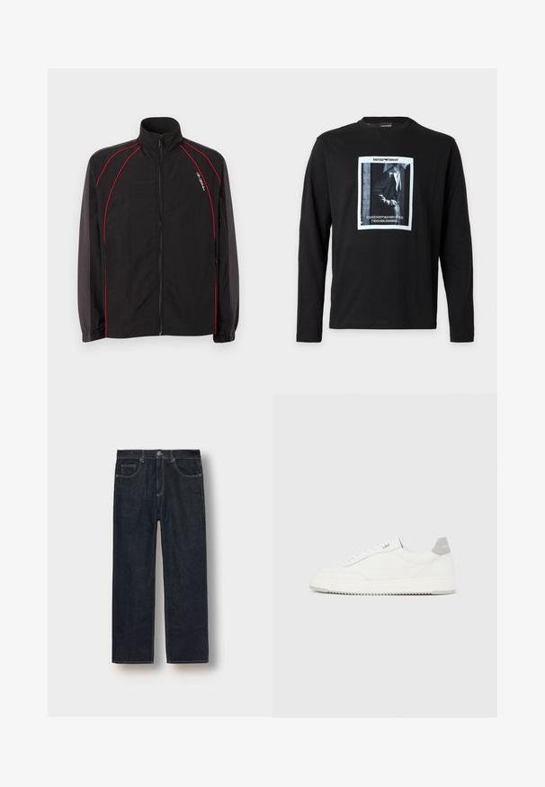 Schwarze Trainingsjacke mit Reißverschluss, hohem Kragen, roten Paspelierungen auf Vorderseite und Ärmeln, elastischen Bündchen und kleinem weißen Schriftzug auf der linken Brust.; Schwarzes Langarmshirt mit einem gerahmten Graustufenfoto eines Mannes im Anzug und dem Text "Emporio Armani" sowie einem Zitat unter dem Foto.; Dunkelblaue gerade geschnittene Jeans aus Denim-Stoff, mit Gürtelschlaufen, vorderen Taschen und kontrastierenden Nähten. Minimalistisches Design ohne Verzierungen.; Weißer Sneaker mit niedrigem Schaft, grauem Fersenlaschen, weißen Schnürsenkeln und einer strukturierten Sohle, dargestellt vor einem schlichten hellen Hintergrund.