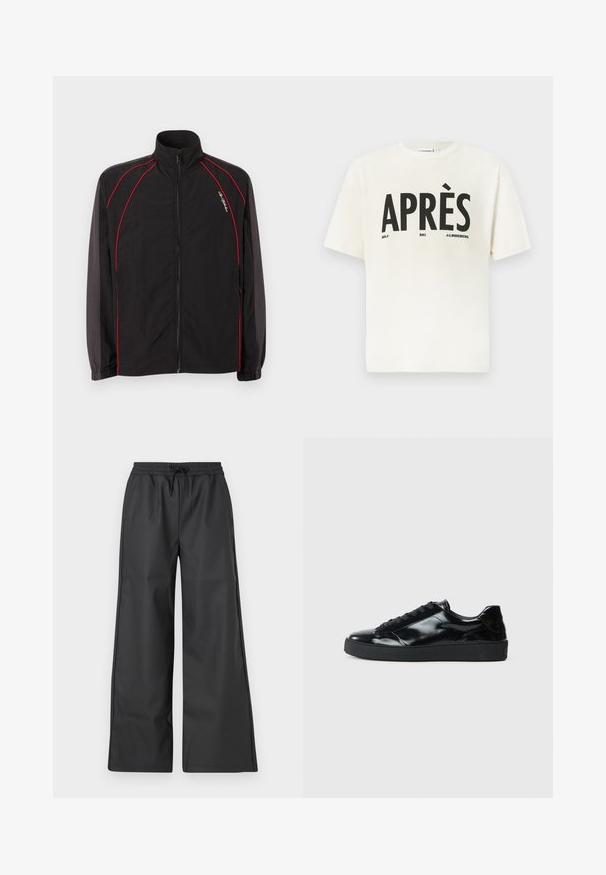 Zwart zip-up trainingsjack met hoge kraag, rode biesdetails aan de voorkant en mouwen, elastische boorden en een klein wit scriptlogo op de linkerkant van de borst.; Korte mouwen witte T-shirt van katoen, met opvallende zwarte tekst "APRÈS GOLF SKI J.LINDEBERG" in een centraal ontwerp.; Han Kjøbenhavn RELAXED TRACK TROUSERS - Broek - black; Zwarte gepatenteerde leren sneakers met een ronde neus, vetersluiting, een gestructureerde rubberen zool en een glanzende afwerking.