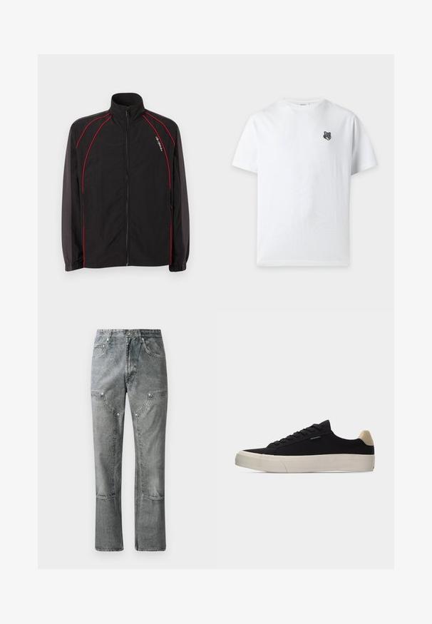 Veste de survêtement noire zippée avec col montant, détails de passepoil rouge sur le devant et les manches, poignets élastiques et petit logo script blanc sur la poitrine gauche.; T-shirt blanc à manches courtes avec un petit logo tête de loup noir et gris sur la poitrine gauche et un col rond.; Jean en denim gris à coupe droite, avec poches avant, coutures visibles et finition décolorée. Le matériau a une texture lisse.; Baskets basses noires avec languette beige au talon, semelle en caoutchouc blanche épaisse, lacets noirs et petite étiquette "PS Paul Smith" sur le côté.