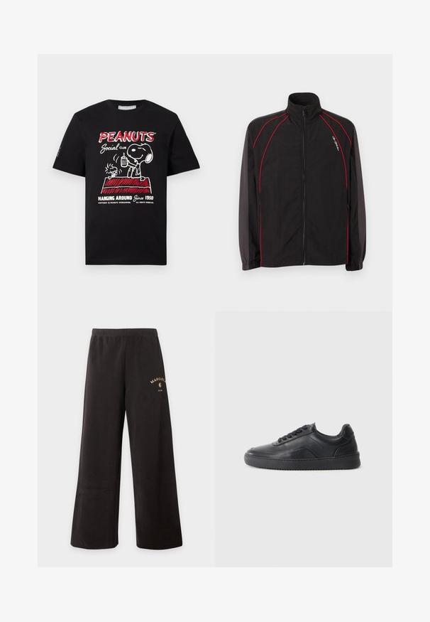 Veste de survêtement noire zippée avec col montant, détails de passepoil rouge sur le devant et les manches, poignets élastiques et petit logo script blanc sur la poitrine gauche.; T-shirt noir avec Snoopy et Woodstock sur une niche rouge, tenant des boissons, avec le texte "PEANUTS Social Club Hanging Around Since 1950."; Pantalon noir à jambes larges avec taille élastique et petit logo doré "Margiela 6" sur la partie supérieure de la cuisse gauche.; Chaussure de sport en cuir noir avec une finition lisse, bout arrondi, panneau latéral texturé et lacets noirs. Présente une semelle en caoutchouc plate et un design minimaliste.