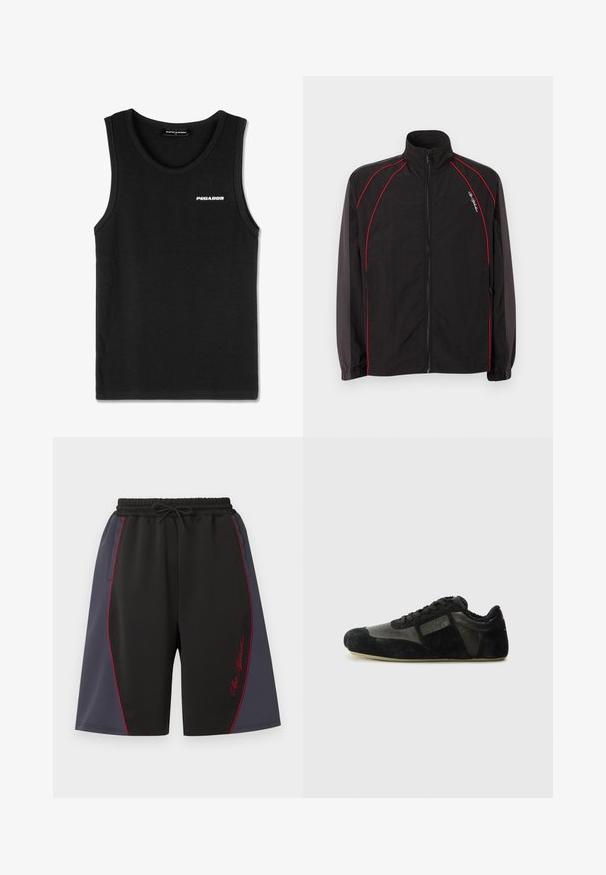 Veste de survêtement noire zippée avec col montant, détails de passepoil rouge sur le devant et les manches, poignets élastiques et petit logo script blanc sur la poitrine gauche.; Débardeur noir côtelé sans manches avec petit logo blanc "PEGADOR" sur le côté gauche de la poitrine et encolure ronde.; Shorts de sport noirs et gris foncé avec un liseré rouge, taille élastique avec cordon de serrage, poches latérales, et texte en écriture cursive rouge sur la jambe droite.; Baskets noires en suède et cuir. Présentent un profile bas, un bout arrondi, un design à lacets et des accents texturés. Les semelles ont une texture antidérapante.