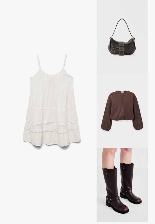 Veste en daim marron à fermeture éclair avec manches longues bouffantes et deux poches verticales à l'avant, présentée sur un fond uni.; Robe blanche sans manches avec bretelles réglables, tissu texturé, bordures froncées et design en couches avec des accents en dentelle le long des coutures.; Bottines en cuir marron jusqu'aux genoux avec une texture lisse, dotées d'une large sangle et d'accents en métal triangulaires, semelles en caoutchouc plates.; Sac à épaule en cuir noir avec une sangle à boucle, des bords arrondis et des coutures blanches contrastées sur un fond uni.