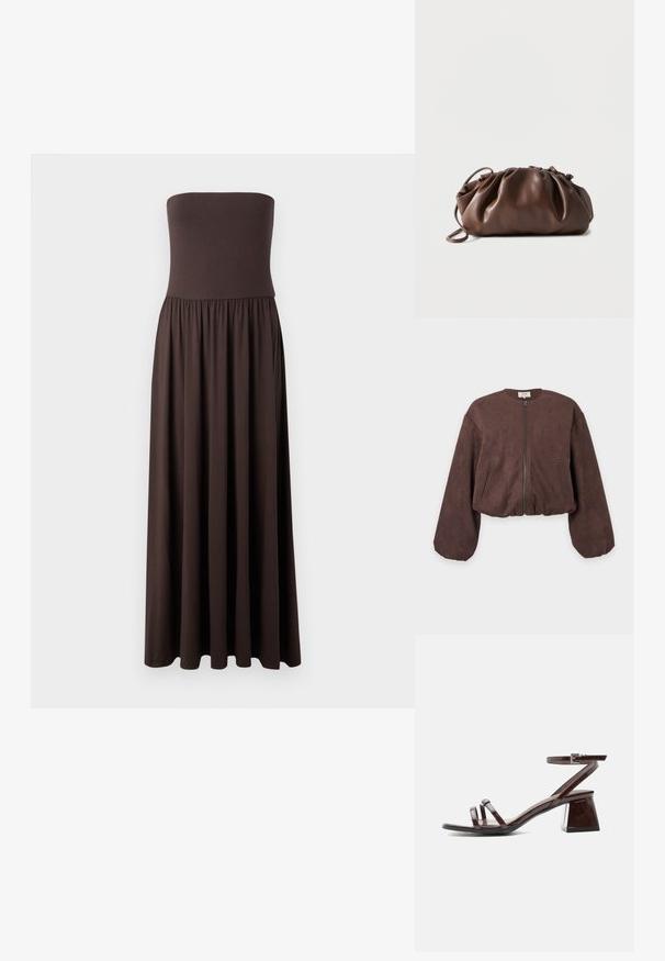 Cazadora marrón de ante con cremallera, mangas largas abullonadas y dos bolsillos verticales frontales, mostrada sobre un fondo liso.; Vestido maxi marrón sin tirantes, hecho de una tela suave, con un corsé ajustado y una falda fluida y recogida que permite una fácil movilidad.; Sandalia de charol marrón oscuro con tacón bloque, tira en el tobillo con hebilla y dos tiras finas sobre los dedos, sobre fondo blanco.; Bolso tipo bolsa de cuero marrón suave con parte superior fruncida y asa delgada, apoyado sobre un fondo blanco.