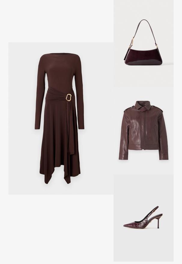 Tummanruskea nahkatakki, jossa on korkea kaulus, olkasaumat, etutaskut ja pitkät hihat, esillä valkoisella taustalla.; Brown long-sleeve dress made of soft fabric, featuring a twisted waist with a golden buckle accent and an asymmetrical hemline.; Burgundy kiilakärkiset slingback-kengät, joissa on krokotiilinnahkakuosi, ohut korko ja sivusolkiyksityiskohta. Sileä sisävuori.; Tummanruskea kiiltävä nahkainen käsilaukku, jossa yksittäinen olkahihna ja kullanväriset metalliosat, yksiväristä taustaa vasten.