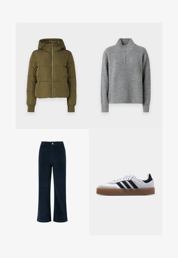 Veste matelassée vert olive avec capuche, fermeture éclair frontale et poches latérales. Présente des poignets côtelés et un design court avec des coutures horizontales.; Pull en maille gris avec un col haut, demi-fermeture éclair, texture côtelée et manches longues. Présente un accent circulaire doré au niveau de la fermeture éclair.; Pantalons en velours côtelé bleu marine avec taille haute, coupe large, deux poches arrière et fermeture à bouton devant. Texture douce avec une finition lisse.; Baskets en cuir blanc avec des rayures noires, semelle extérieure en caoutchouc beige, bout rond, fermeture lacée et embout en suède gris doux.