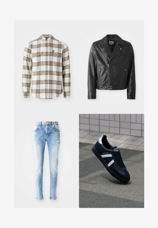Chaqueta de cuero negro de estilo biker con un acabado brillante, que presenta un cuello con muescas, cierre frontal de cremallera, bolsillos laterales y detalles en metal plateado.; Lee CLEAN WESTERN - Camisa - ecru ochre plaid; Vaqueros de mezclilla azul claro con un acabado desgastado, que presentan parches desgastados y un diseño clásico de cinco bolsillos. Pierna recta con una cintura de altura media.; Zapatilla de cuero negra con rayas blancas, suela de goma texturizada y parte frontal con cordones. Cuenta con una etiqueta de marca en la lengüeta.