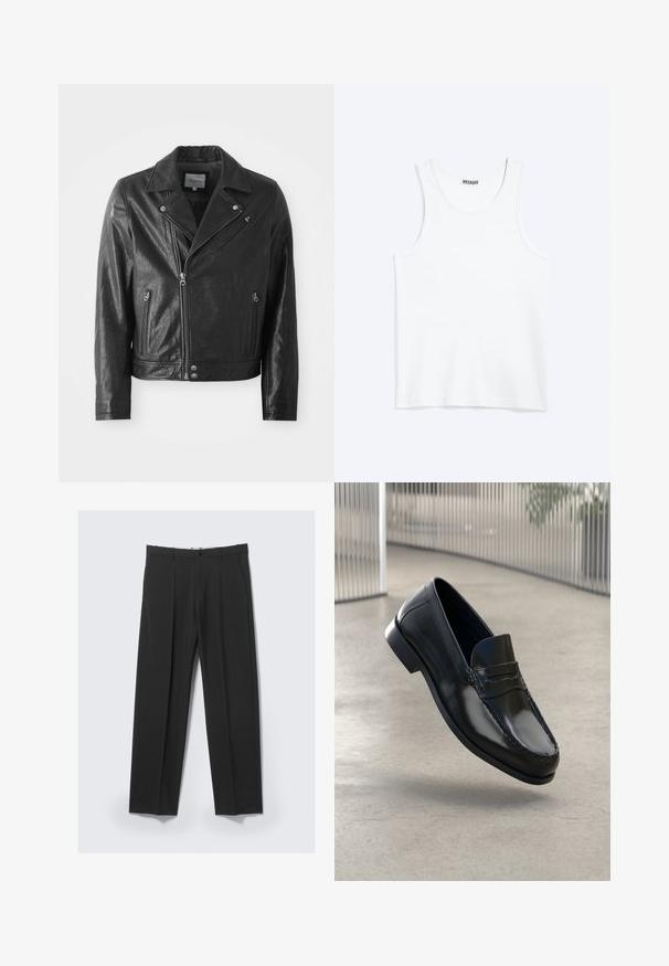Veste de motard en cuir noir avec une finition brillante, dotée d'un col cranté, d'une fermeture éclair à l'avant, de poches latérales et de finitions en métal argenté.; Débardeur blanc sans manches avec col rond et étiquette de la marque Weekday à l'intérieur du col arrière, présenté à plat sur un fond clair.; Pantalon noir ajusté avec plis avant, poches latérales, passants de ceinture et fermeture par bouton à la taille sur un fond clair.; Mocassins en cuir noir à finition lisse, bout arrondi, coutures décoratives et semelle extérieure légèrement surélevée.