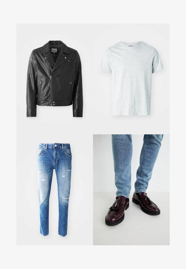Veste de motard en cuir noir avec une finition brillante, dotée d'un col cranté, d'une fermeture éclair à l'avant, de poches latérales et de finitions en métal argenté.; T-shirt gris clair à manches courtes en tissu doux, avec un col rond et une coupe légèrement décontractée. Aucun motif ou graphique visible.; Jean en denim bleu avec un dégradé allant du clair au sombre, des détails effilochés incluant des déchirures, cinq poches, et une fermeture à bouton à la taille.; Mocassins en cuir bourgogne avec pompons et dessus texturé, associés à un jean en denim bleu clair. Semelle en caoutchouc noir visible.
