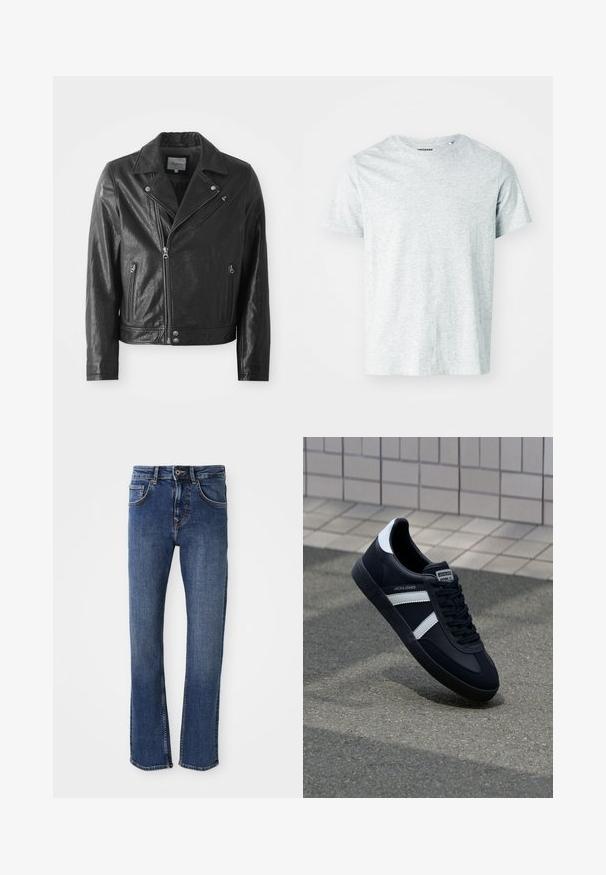 Chaqueta de cuero negro de estilo biker con un acabado brillante, que presenta un cuello con muescas, cierre frontal de cremallera, bolsillos laterales y detalles en metal plateado.; Camiseta de manga corta gris claro, confeccionada en una tela suave, con cuello redondo y un corte ligeramente relajado. Sin patrones ni gráficos visibles.; Jeans de mezclilla azul claro con un diseño de pierna recta, estilo de cinco bolsillos y cierre de botón metálico. Presenta costuras sutiles y una textura suave.; Zapatilla de cuero negra con rayas blancas, suela de goma texturizada y parte frontal con cordones. Cuenta con una etiqueta de marca en la lengüeta.