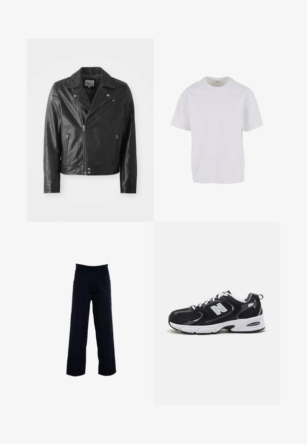 Chaqueta de cuero negro de estilo biker con un acabado brillante, que presenta un cuello con muescas, cierre frontal de cremallera, bolsillos laterales y detalles en metal plateado.; Camiseta blanca de manga corta hecha de algodón suave, con un cuello redondo y un corte relajado con dobladillo recto. Sin patrones ni acentos visibles.; Pantalones oscuros de navy con un diseño de pierna recta, confeccionados con una tela suave, que cuentan con bolsillos laterales y una cintura clásica.; Zapatillas deportivas en negro y gris con parte superior de malla y ante, que cuentan con una entresuela blanca, cordones y un llamativo logo "N" en el lateral.