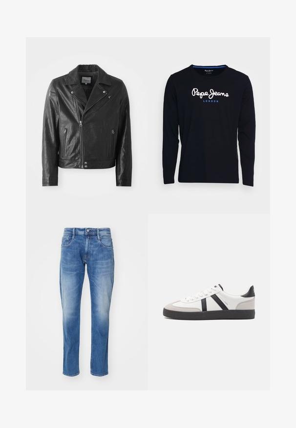 Chaqueta de cuero negro de estilo biker con un acabado brillante, que presenta un cuello con muescas, cierre frontal de cremallera, bolsillos laterales y detalles en metal plateado.; Camiseta negra de manga larga fabricada en algodón, con el texto del logo en blanco y azul "Pepe Jeans London" centrado en el pecho.; Jeans de mezclilla azul claro con corte recto, diseño de cinco bolsillos, un ligero desgastado y una cinturilla estándar con cierre de botón.; Zapatilla blanca con acentos en negro y gris, que presenta una puntera texturizada en gris, suela de goma negra y cordones planos blancos. Diseño limpio, estilo minimalista.