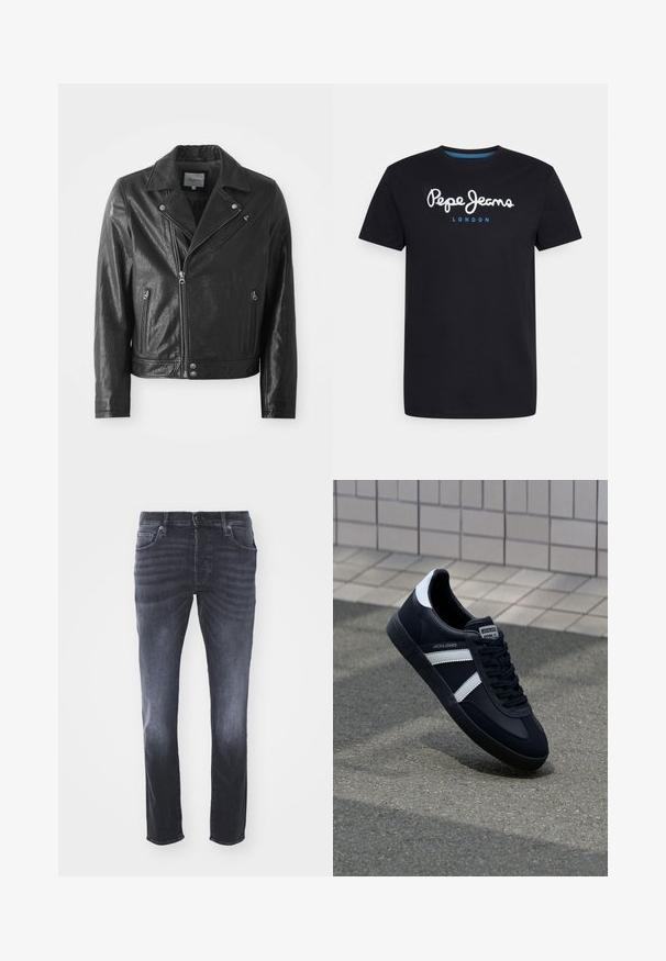 Chaqueta de cuero negro de estilo biker con un acabado brillante, que presenta un cuello con muescas, cierre frontal de cremallera, bolsillos laterales y detalles en metal plateado.; Camiseta negra de algodón con un logo de guion en blanco "Pepe Jeans" con un acento azul, cuello redondo y mangas cortas. Diseño simple y sólido.; Vaqueros de mezclilla gris oscuro con un diseño clásico de pierna recta, que incluyen bolsillos frontales, cremallera con cierre de botón y un ligero desgastado.; Zapatilla de cuero negra con rayas blancas, suela de goma texturizada y parte frontal con cordones. Cuenta con una etiqueta de marca en la lengüeta.
