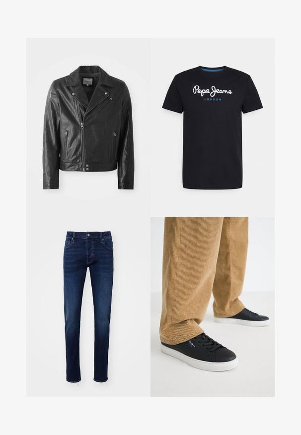 Chaqueta de cuero negro de estilo biker con un acabado brillante, que presenta un cuello con muescas, cierre frontal de cremallera, bolsillos laterales y detalles en metal plateado.; Camiseta negra de algodón con un logo de guion en blanco "Pepe Jeans" con un acento azul, cuello redondo y mangas cortas. Diseño simple y sólido.; Jeans de mezclilla ajustados en azul oscuro, con botón frontal, bolsillos, pasadores para cinturón y sutiles detalles de desvanecimiento en las piernas.; Zapatillas de cuero negro con suelas de goma blanca. Llevadas con pantalones de pana en color beige, con acanaladuras verticales y un ajuste relajado.