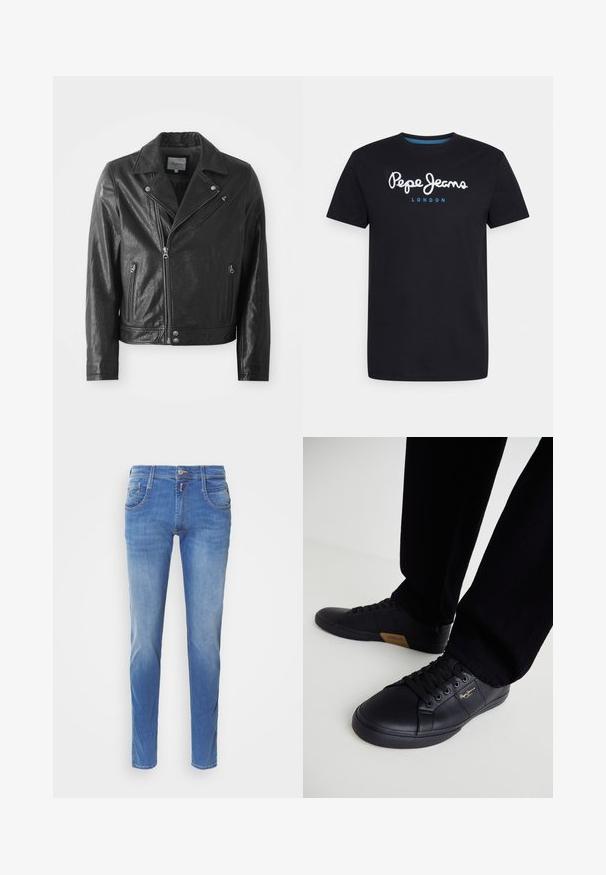 Chaqueta de cuero negro de estilo biker con un acabado brillante, que presenta un cuello con muescas, cierre frontal de cremallera, bolsillos laterales y detalles en metal plateado.; Camiseta negra de algodón con un logo de guion en blanco "Pepe Jeans" con un acento azul, cuello redondo y mangas cortas. Diseño simple y sólido.; Jeans de denim azul con corte slim. Presenta cinco bolsillos, cierre de botón en la parte delantera y un ligero desgastado en las piernas. Corte recto.; Zapatillas de cuero negro con un diseño elegante, que presentan una superficie texturizada, punta redonda y cordones negros. Detalle del logo en dorado en el lateral.