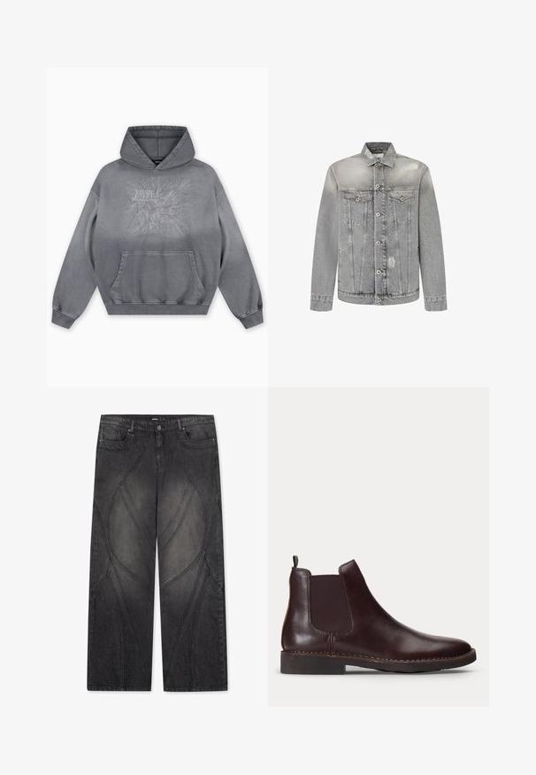 Grau denim Jacke mit klassischem Schnitt, zwei Brusttaschen, used-Look-Details, Knopfverschluss und sichtbaren Nähakzenten.; Grauer Kapuzenpullover mit einer strukturierten Druckgrafik, die "FAVELA Worldwide" und ein Adlerdesign zeigt, Kängurutasche vorne und gerippte Bündchen.; FAVELA FLARED - Loose Jeans - black; Dunkelbrauner Leder Chelsea-Stiefel mit elastischem Seitenpaneel und niedrigem Absatz, im Profil vor weißem Hintergrund gezeigt.