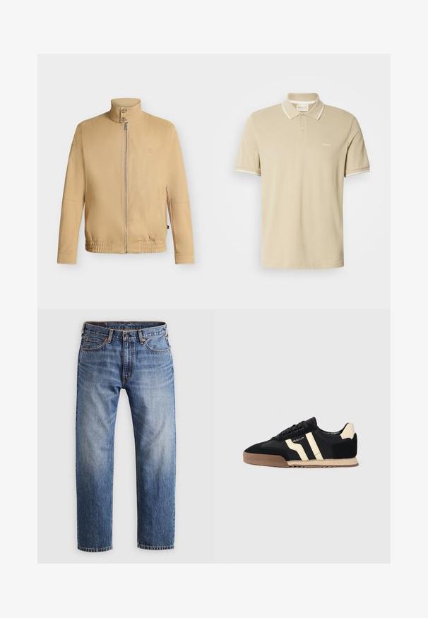 Beige lynlåstrøje med høj krave med to knapper, elastisk kant, lange ærmer og subtilt broderet logo på brystet.; Beige polo skjorte med korte ærmer, hvid kant på krave og ærmer, to-knaps lukning og lille "GANT"-logo på brystet.; Stumpe ben blå denim jeans med en knap- og lynlåslukning, fem lommer og orange syninger på en lys grå baggrund.; Sort ruskinds sneakers med beige accenter, der har en gummisål, flade snørebånd og et stilfuldt stribet design på siderne.