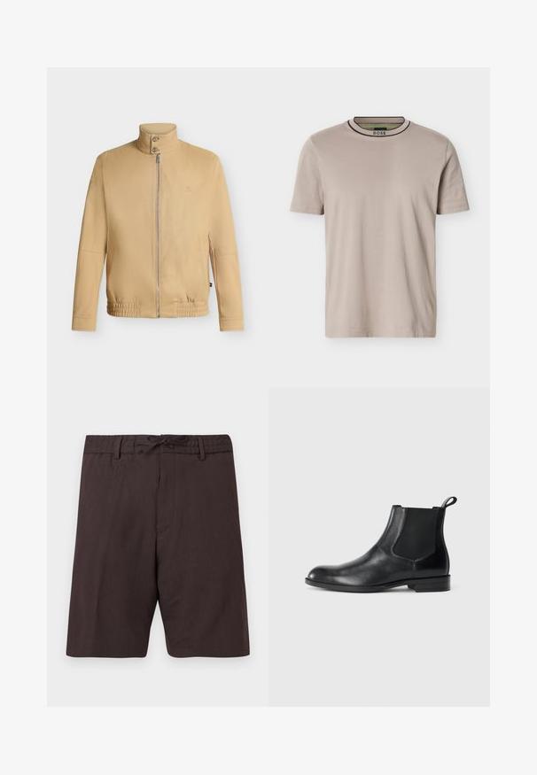 Veste beige zippée avec col montant à deux boutons, ourlet élastique, manches longues et logo brodé discret sur la poitrine.; T-shirt beige à manches courtes et col rond côtelé, avec des rayures noires et vertes sur le col et le logo "BOSS" à l'intérieur du col.; Shorts marron foncé mi-longueur avec ceinture à cordon et passants pour ceinture, présentant un design simple et épuré sur fond blanc.; Bottine en cuir noir avec des panneaux latéraux élastiques, bout rond et tirette. Texture lisse, semelle plate, design minimaliste.