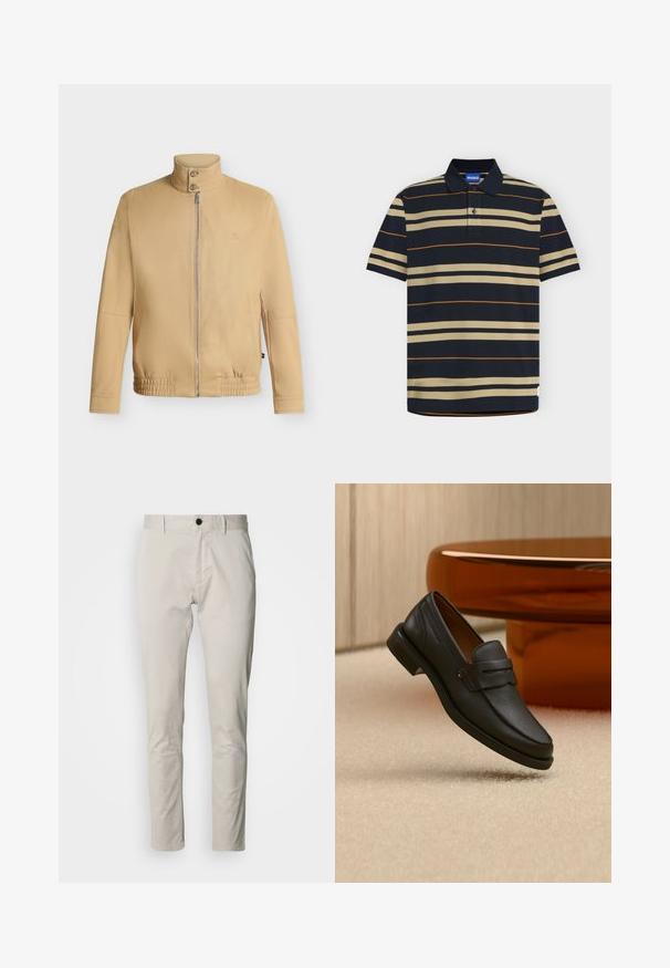 Veste beige zippée avec col montant à deux boutons, ourlet élastique, manches longues et logo brodé discret sur la poitrine.; Polo bleu marine avec des rayures horizontales beiges et fines orange, manches courtes, patte à deux boutons et étiquette de marque HUGO bleue à l’intérieur du col.; Pantalon beige, coupe slim, fabriqué en tissu de coton ; doté d'une poche avant, d'une fermeture par bouton et de détails plats sur la ceinture.; Mocassin homme en cuir noir avec une bande sur le dessus, présenté sur un tapis beige près d'une table ronde moderne marron.