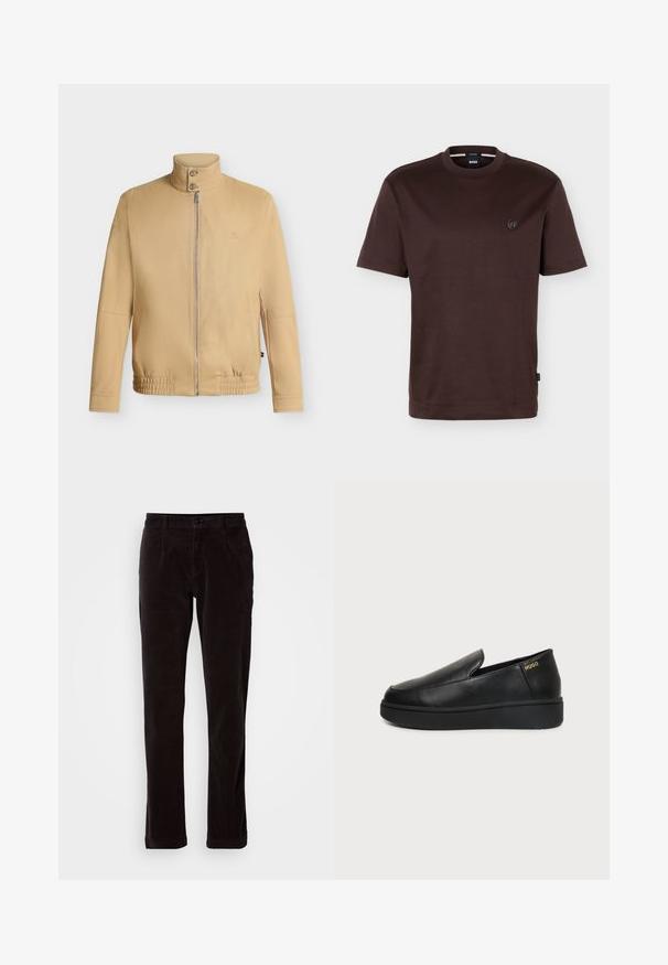 Beige Jacke mit Reißverschluss, hohem Kragen mit zwei Knöpfen, elastischem Saum, langen Ärmeln und dezent gesticktem Logo auf der Brust.; Schlichtes dunkelbraunes T-Shirt mit kurzen Ärmeln und Rundhalsausschnitt, mit kleinem rundem Logo auf der linken Brust und schwarzem Markenzeichen an der Seitennaht.; Dunkelbraune Corduroy-Hosen mit geradem Bein, vorderen Taschen, Gürtelschlaufen, Knopfverschluss und Reißverschluss auf einem schlichten hellen Hintergrund.; Schwarzer Lederschlupfschuh mit dicker Sohle und kleinen seitlichen Belüftungslöchern, mit goldenem "HUGO"-Logo nahe der Ferse.