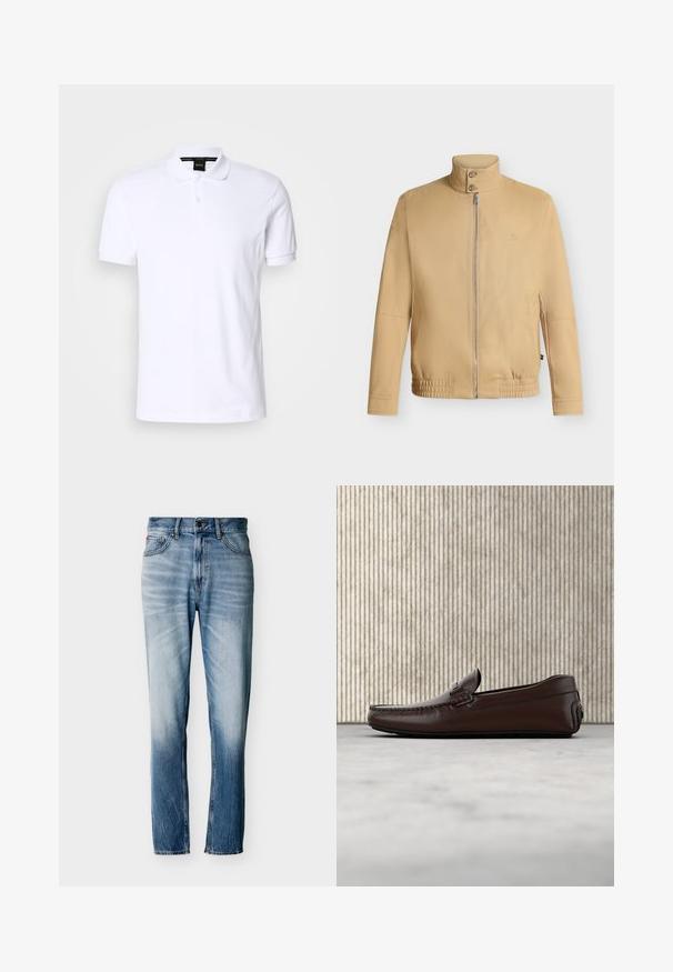 Beige jas met ritssluiting, hoge kraag met twee knopen, elastische zoom, lange mouwen en een subtiel geborduurd logo op de borst.; Witte polo van katoen met korte mouwen, een kraag en een knoopsluiting met drie knopen. Subtiele logo-details op de borst. Gladde textuur.; Verbleekte blauwe jeans met rechte pijpen, vijf zakken, knoopsluiting en riemlussen, plat uitgestald op een witte achtergrond.; Bruine lederen instappers met een gladde afwerking, moccasin-stijl stiksels, een verhoogde neus en een lage, flexibele rubberen zool.