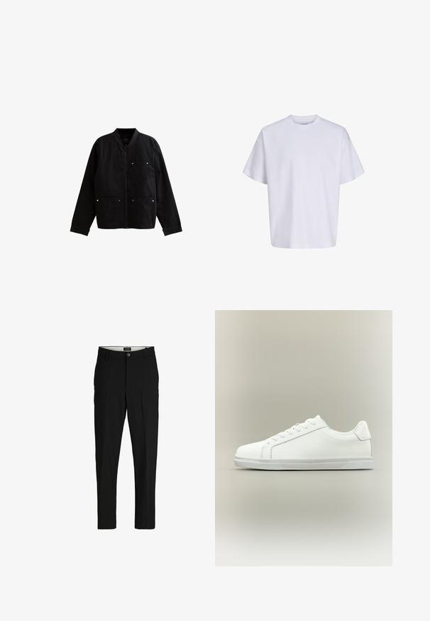 Schwarze Zip-Jacke mit rundem Kragen, langen Ärmeln, drei Fronttaschen und silbernen Knopfakzenten auf den Taschen.; Schlichtes weißes oversized T-Shirt mit kurzen Ärmeln, Rundhalsausschnitt und lockerem Sitz vor weißem Hintergrund.; Schwarze Hosen aus glattem Stoff, mit maßgeschneidertem Design, geraden Beinen, zwei Fronttaschen und einem Knopfverschluss.; Weißer Sneaker mit niedrigem Schaft, Schnürung vorne und strukturierter Gummisohle vor einfachem neutralem Hintergrund.