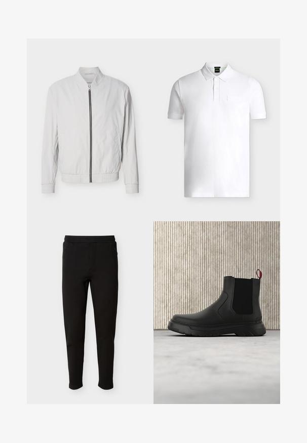 Λευκό μπουφάν τύπου bomber με φερμουάρ μπροστά, ελαστικές μανσέτες και ζώνη στη μέση. Κατασκευασμένο από ελαφρύ ύφασμα με λεία υφή και χωρίς ορατά σχέδια.; Άσπρο πόλο με κοντά μανίκια, ριμπ γιακά, πατιλέτα με δύο κουμπιά και διακριτικό ανάγλυφο λογότυπο στο αριστερό μέρος του στήθους.; Μαύρο στενό παντελόνι με ελαστική μέση και πλευρικές τσέπες με φερμουάρ, σχεδιασμένο για άνεση και καθημερινή χρήση.; Μαύρη αστράγαλη μποτάκι με λείο φινίρισμα, ελαστικές πλευρικές πάνελ και εναν αντίθετο κόκκινο χερούλι, με παχιά καουτσούκ σόλα και στρογγυλή μύτη.