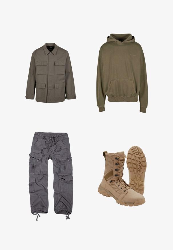 Khaki utilityjakke i bomuldsblanding, med lige snit, to brystlommer og knaplukninger på ærmerne. Glat tekstur og minimalistisk design.; Olivengrøn hættejakke lavet af blødt stof, med en frontlomme, ribbede manchetter og snoretræk i hætten, samt diskret logo-detalje.; Grå cargo bukser med flere lommer, snoreliv, knaplukning, tapered ben og en tekstureret stoffinish.; Brun taktisk støvle med snørelukning i ankellængde og robust gummisål, en støvle står oprejst og den anden viser slidbanemønster.