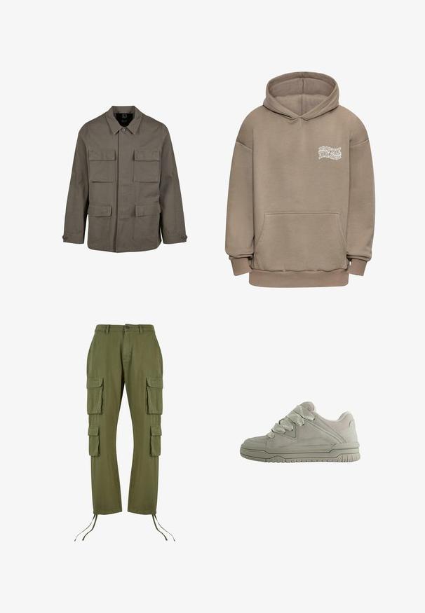 Khaki utilityjack in een katoenmix, met een rechte snit, twee borstzakken en knoopsluitingen op de mouwen. Soepele textuur en een minimalistisch ontwerp.; Dropsize HEAVY - Hoodie - taupe; Olijfgroene cargobroek van katoen, met vier grote zakken, een trekkoord aan de zoom en een knoopsluiting bij de taille.; Laag model grijze sneaker met dikke, gestructureerde veters, gevoerde kraag, gestikte panelen en een geribbeld rubberen zool voor grip.