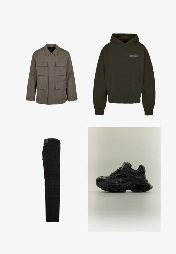 Khaki Utility-Jacke aus Baumwollmischung mit geradem Schnitt, zwei Brusttaschen und Knopfverschlüssen an den Ärmeln. Glatte Textur und minimalistisches Design.; Dunkelgrüne Baumwollmischung Kapuzenjacke mit einer vorderen Tasche, gerippten Bündchen und Saum, mit einem stilisierten Textlogo auf der Brust in einer helleren Farbe.; Schwarze Cargohose mit mehreren großen Überschlagtaschen, Gürtelschlaufen und geradem Beinanschnitt, seitlich dargestellt.; Schwarzer klobiger Sneaker mit strukturiertem Design, dicker Sohle und Schnürverschluss vor schlichtem neutralem Hintergrund.