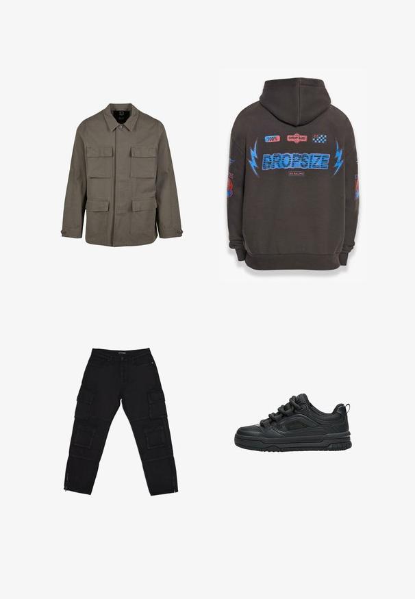 Khaki utilityjack in een katoenmix, met een rechte snit, twee borstzakken en knoopsluitingen op de mouwen. Soepele textuur en een minimalistisch ontwerp.; Donkergrijze hoodie met grote blauwe "DROPSIZE" tekst en kleurrijke graphics. Voorzien van een capuchon, geribbelde mouwen en verschillende geprinte patches.; Zwarte cargobroek van duurzaam materiaal, met meerdere cargozakken, ritsenkoppen en rechte benen met subtiele stikseldetails.; Zwarte lage sneaker met dikke zool, gevoerde kraag, meshpanelen en dikke veters, afgebeeld tegen een witte achtergrond.