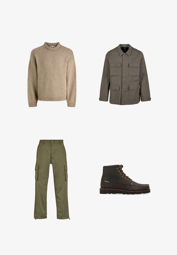 Veste utilitaire kaki en mélange de coton, avec une coupe droite, deux poches poitrine et des fermetures à boutons aux manches. Texture lisse et design minimal.; Pull en tricot beige avec un col ras du cou, un ourlet et des poignets côtelés. Présente un motif texturé, fabriqué à partir d'un fil doux et épais.; Pantalons cargo verts olive avec une coupe droite, deux poches latérales et des fermetures éclair au niveau des chevilles. Fabriqués à partir de tissu durable.; Sebago Bottines à lacets - marrone