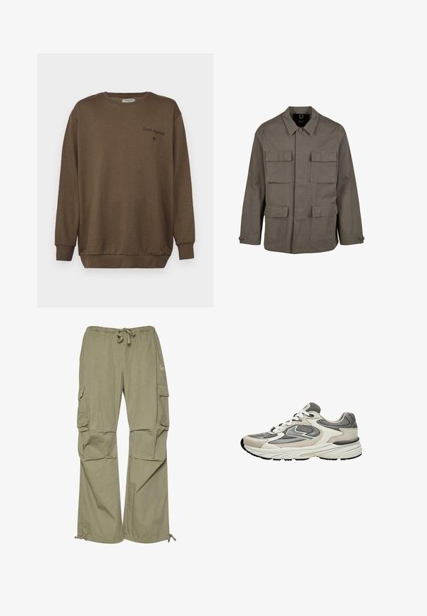 Khaki utilityjack in een katoenmix, met een rechte snit, twee borstzakken en knoopsluitingen op de mouwen. Soepele textuur en een minimalistisch ontwerp.; Bruine katoenen sweatshirt met een ronde hals, lange mouwen en ribgebreide manchetten. Bevat geborduurde tekst "Lunar Hypnosis" en een kleine steraccent.; Cargo broeken in olijfgroen, gemaakt van lichtgewicht stof, met een elastische tailleband, verstelbare manchetten en meerdere zijzakken.; Lichtgrijze en witte sportieve sneaker met mesh- en suèdepanelen, witte veters en een dikke gevoerde zool, zijaanzicht.