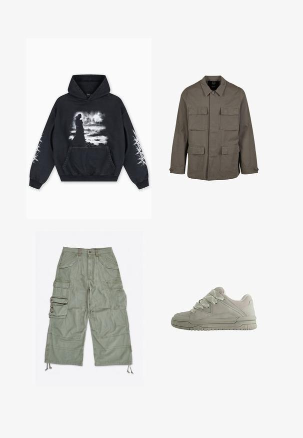 Khaki utilityjakke i bomuldsblanding, med lige snit, to brystlommer og knaplukninger på ærmerne. Glat tekstur og minimalistisk design.; Sort hættetrøje med et frontgrafik af en figur mod en skyet baggrund. Indeholder en kængurulomme og stjernemønstre på ærmerne.; Lysegrønne cargoshorts med flere klaplommer, bæltestropper, knaplukning og justerbare snore ved benåbningerne.; Lav-snit grå sneaker med tykke teksturerede snørebånd, polstret krave, syninger i panelerne og en rilled gummisål for greb.